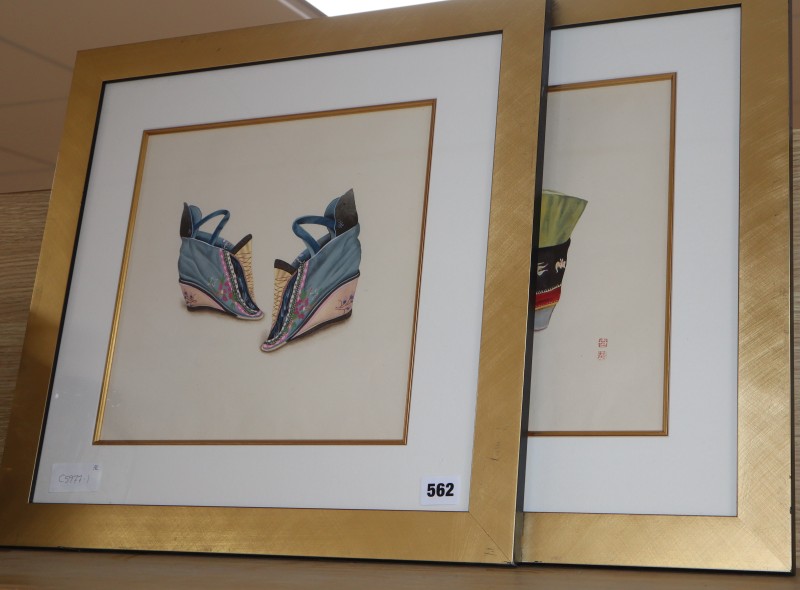 Chinese School, pair of watercolour and gouache studies of shoes, one with seal signature, 29 x 29cm